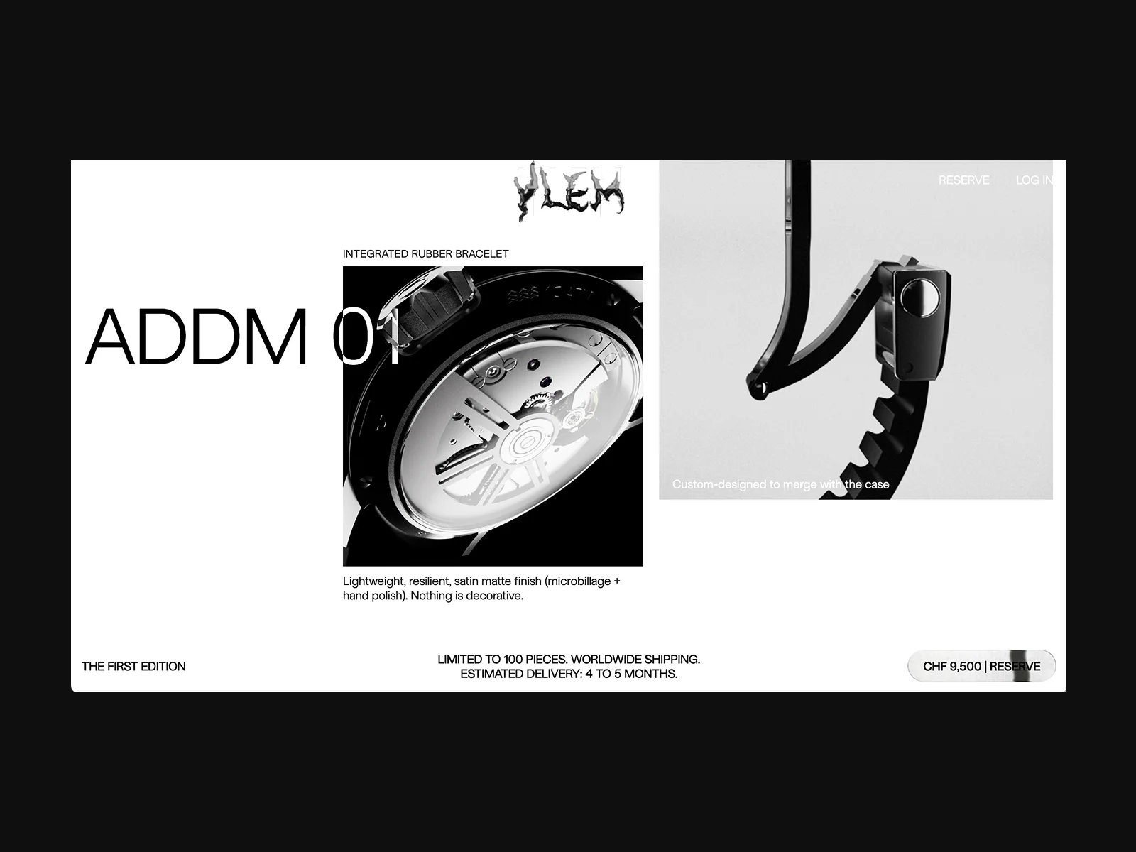 YLEM Addendum product page UI design — luxury watch e-commerce by après-
